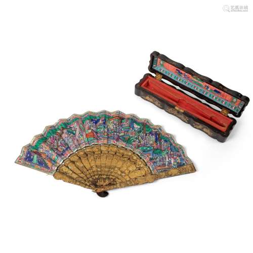 FINE CANTON LACQUERED AND PAPER 'THOUSAND FACES' FAN QING DY...