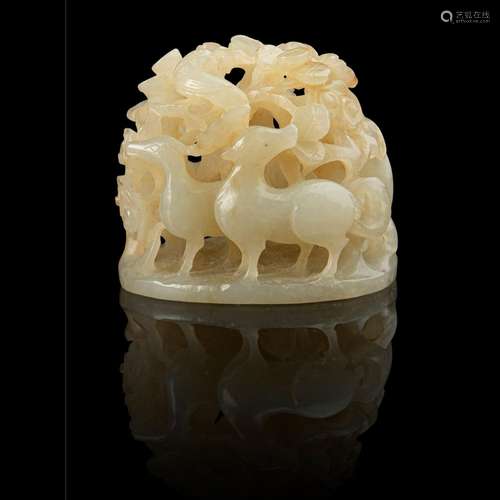 WHITE JADE 'DEER' CENSER COVER FINIAL MING DYNASTY, 17TH CEN...