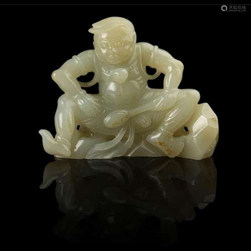 CELADON JADE CARVING OF A SQUATTED BARBARIAN QING DYNASTY, 1...