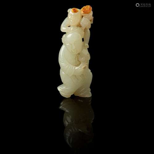 WHITE JADE WITH RUSSET SKIN CARVING OF 'HEHE' BOYS QING DYAN...