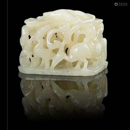 WHITE JADE 'CRANE AND LOTUS' HAT FINIAL QING DYNASTY, 18TH-1...