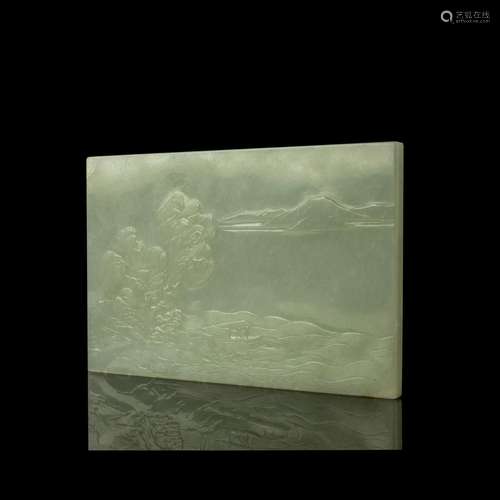 FINE CARVED WHITE JADE 'LANDSCAPE' AND INSCRIBED PANEL QING ...