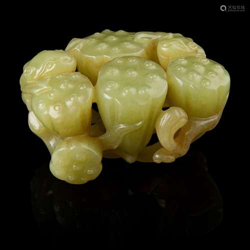 YELLOW JADE CARVING OF TOADS ON LOTUS PODS QING DYNASTY, 18T...