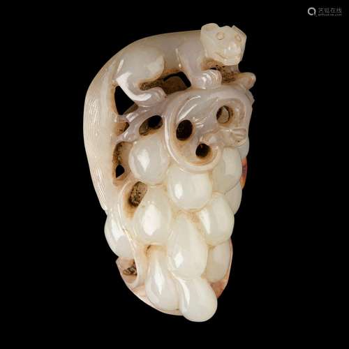 WHITE JADE WITH RUSSET SKIN 'SQUIRREL AND GRAPE' PENDANT QIN...