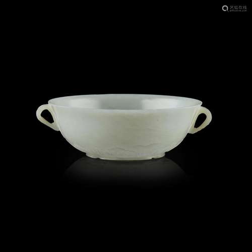 MUGHAL STYLE PALE CELADON JADE HANDLED BOWL QING DYNASTY, 19...