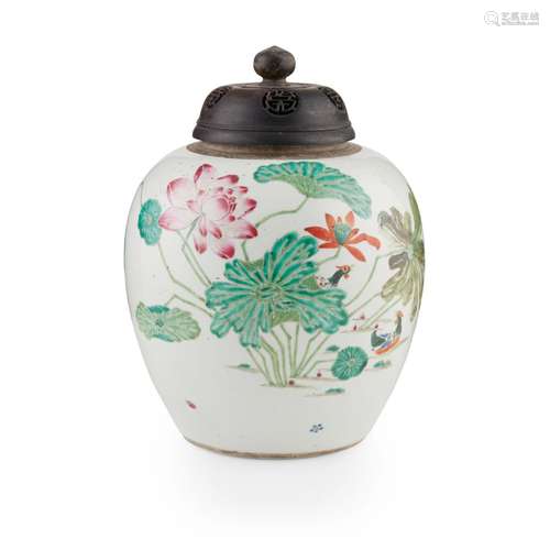 FAMILLE ROSE 'LOTUS POND AND MANDARIN DUCKS' GINGER JAR QING...