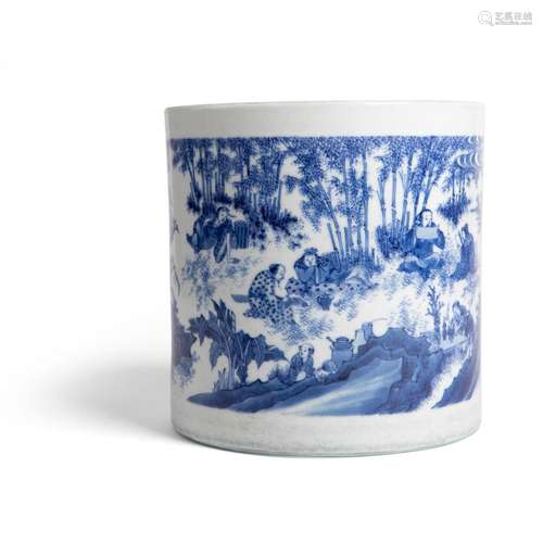 BLUE AND WHITE 'SEVEN SAGES' BRUSH POT TRANSITIONAL PERIOD, ...