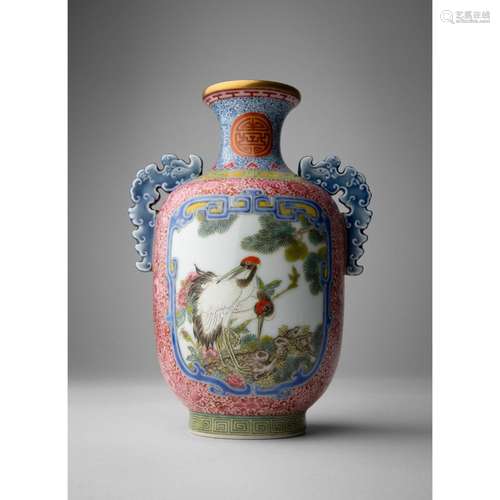 FAMILLE ROSE 'CRANES AND PHEASANTS' VASE QIANLONG MARK BUT R...