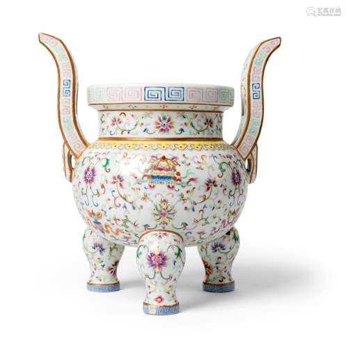 FAMILLE ROSE 'ASHTAMANGALA' TRIPOD CENSER QING DYNASTY, 18TH...