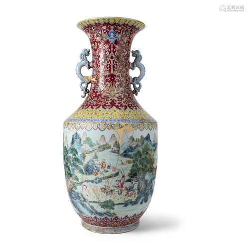 LARGE FAMILLE ROSE 'FOREIGN TRIBUTE BEARERS' VASE QING DYNAS...