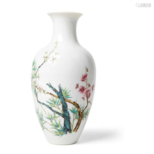 FAMILLE ROSE 'PRUNUS AND BAMBOO' VASE QIANLONG MARK BUT REPU...