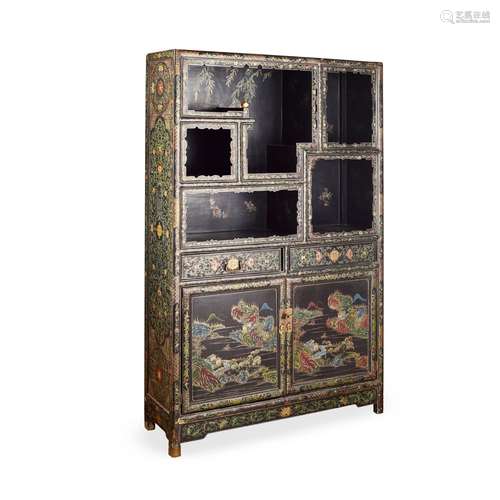 BLACK LACQUER GILT-AND-POLYCHROME-DECORATED DISPLAY CABINET ...