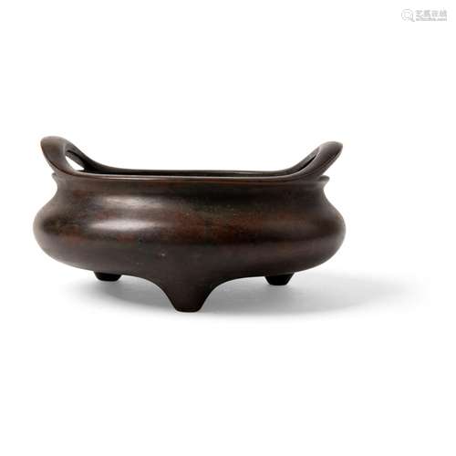 BRONZE TRIPOD INCENSE BURNER WITH STRAP HANDLES QING DYNASTY...