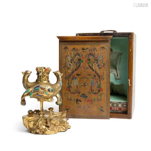 GILT-BRONZE 'DOUBLE PHOENIXES' CANDLE HOLDER QIANLONG MARK, ...