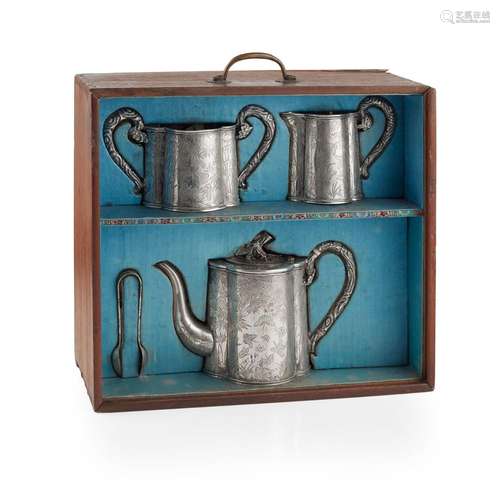 CASED CHINESE EXPORT SILVER THREE-PIECE TEA SERVICE WITH SUG...