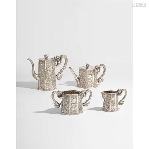 CHINESE EXPORT SILVER THREE-PIECE TEA SERVICE AND A COFFEE P...