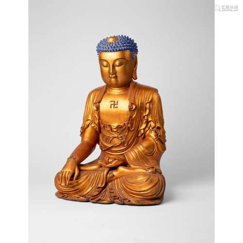 LARGE GILT-LACQUERED WOOD FIGURE OF SHAKYAMUNI MING DYNASTY