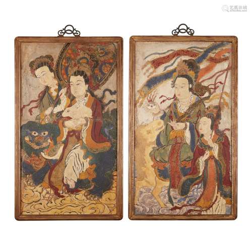 PAIR OF STUCCO FRESCO PANELS WITH FEMALE DEITIES MING DYNAST...