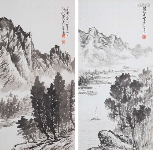 傅狷夫(1910~2007) 山水二張 紙本 鏡片