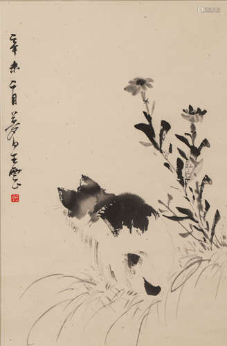 Chinese Cat Painting on Paper, Wang Yun Mark