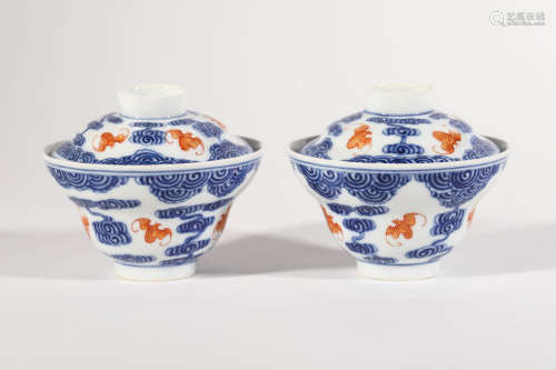 Pair of Blue and White Cloud Bowls and Covers