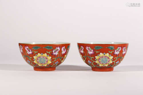 Pair of Coral-Red Glaze Famille Rose Bowls