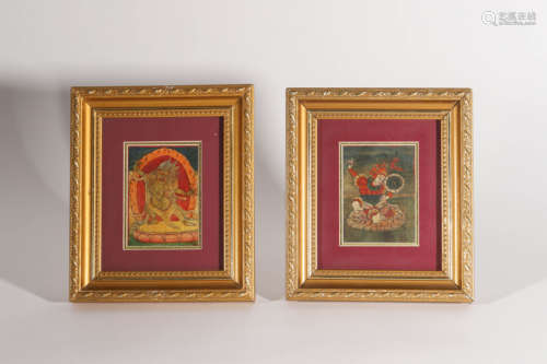 Pair of Two Small Thangka Panel of Buddha, Framed