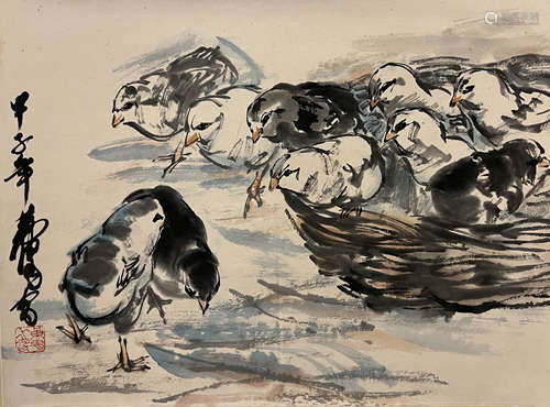 Chinese Chicks Painting Scroll, Huang Zhou Mark