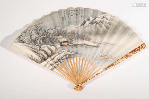 Chinese Landscape Figure Painting Fan, Wu Xizeng Mark