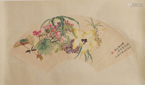 Chinese Flower Painting on Fan, Zhang Zhaoxiang Mark