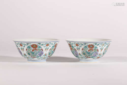 Pair of Doucai Glaze Chrysanthemum Bowls