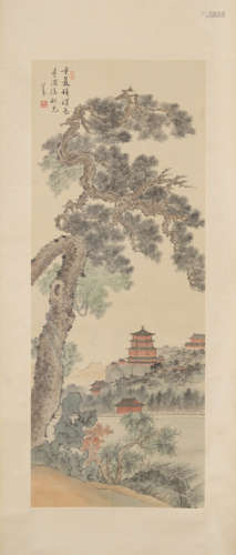 Chinese Waterfall Painting Scroll, Pu Ru Mark