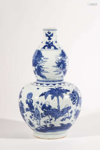 Blue and White Boy Double-Gourd-Shaped Vase