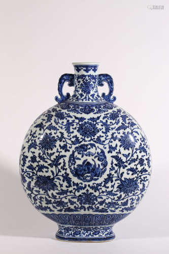 Blue and White Elephant-Eared Interlocking Lotus Moonflask