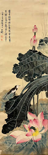 Chinese Lotus Pond Painting Scroll, Xie Zhiliu Mark