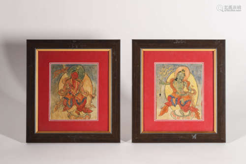 Pair of Two Painted Thangka of Deity, Framed