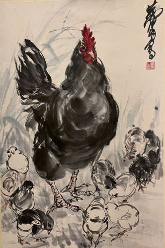 Chinese Rooster Painting Scroll, Huang Zhou Mark