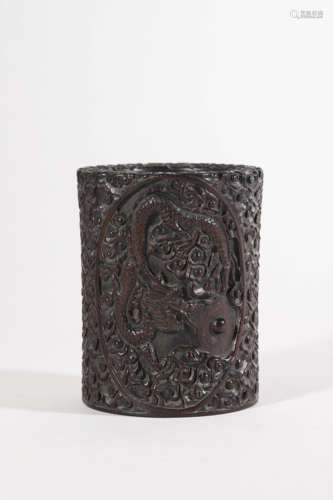 Carved Wood Brush Pot