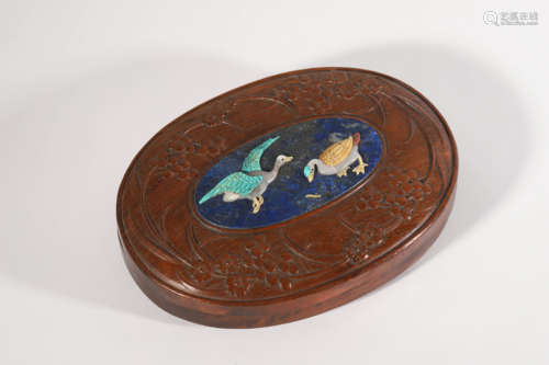 Hard Stone Inlaid Wood Box and Cover