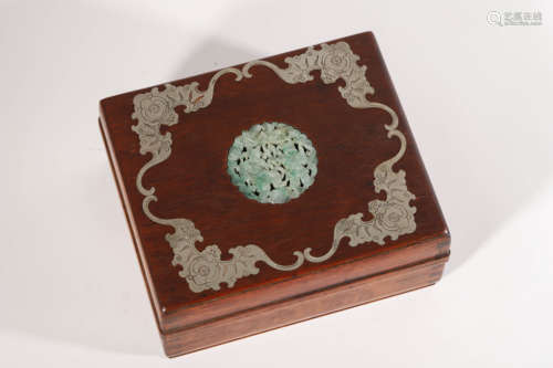 Jade Inlaid Silver Rectangular Box and Cover