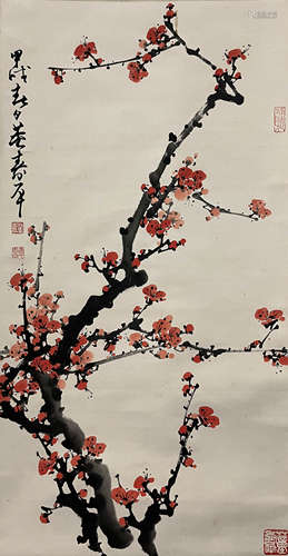 Chinese Prunus Painting Scroll, Dong Shouping Mark