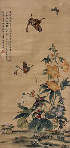 Chinese Butterfly and Flowers Painting Scroll, Pu Jingyang M...