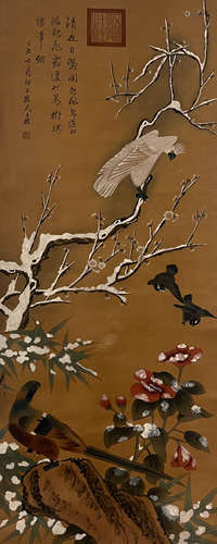 Chinese Flower and Bird Painting Scroll, Cha Shibiao Mark