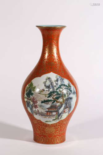 Gilt-Inlaid Coral-Red Glaze Olive-Shape Vase