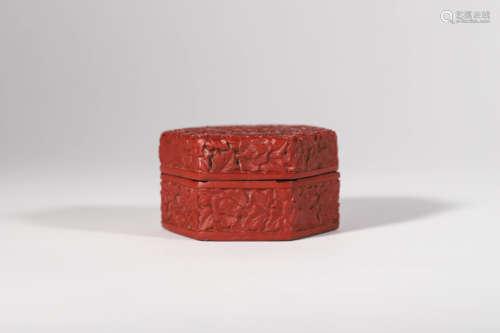 Carved Red Lacquerwork Hexagonal Box and Cover