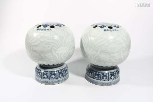 Pair Of Blue And White Porcelain Hat Holders, China