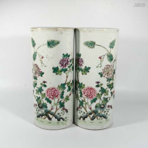 Pair Of Famille Rose Porcelain Hat Pots, China