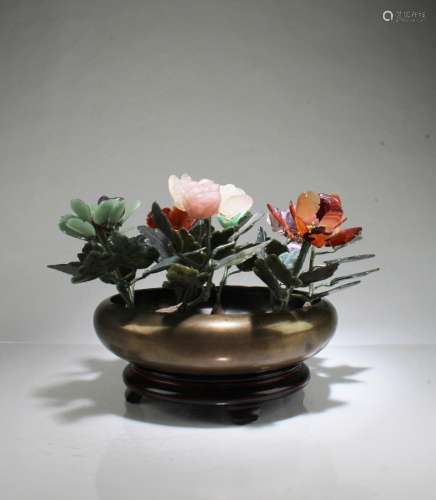 A Bronze Ink Washer w/ jade, crystal, agate Flower