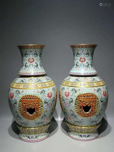 A Pair of Fencai Porcelain Vases