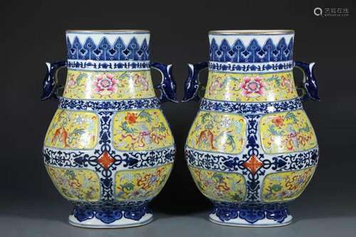 A Pair of Fencai Porcelain Vases